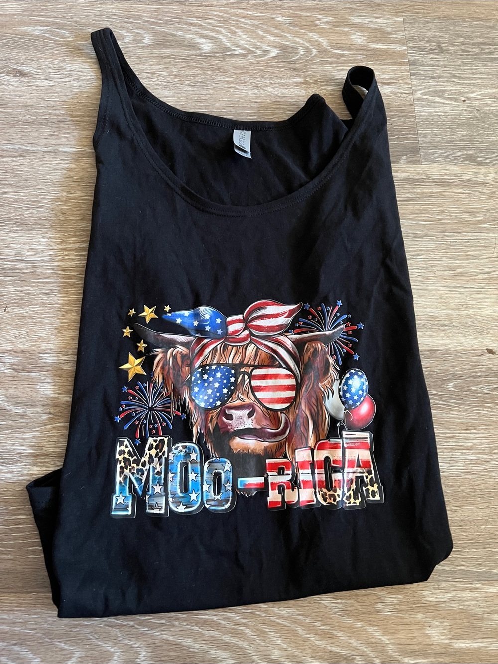 Black 'Moo-rica' Graphic Tank Top with Patriotic Cow